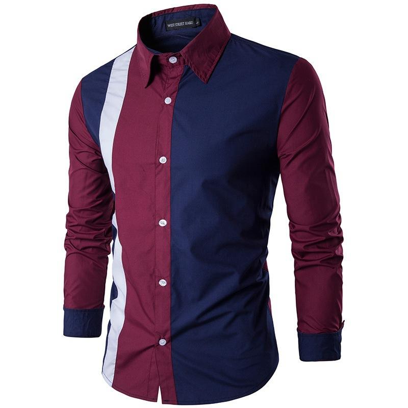 Men's Long Sleeve Button Front Patchwork Shirt Slim Fit Casual Formal Top