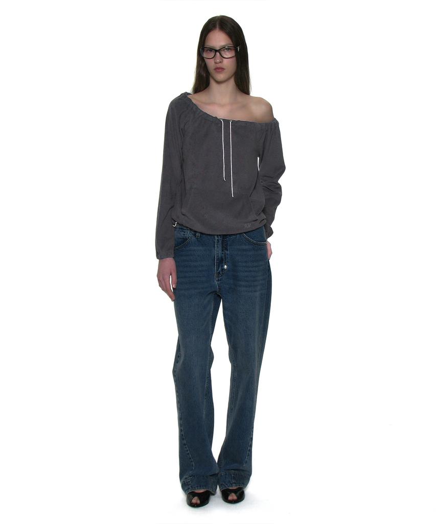 PARTIMENTO WOMEN Terry Drawstring Off-Shoulder Top_Charcoal