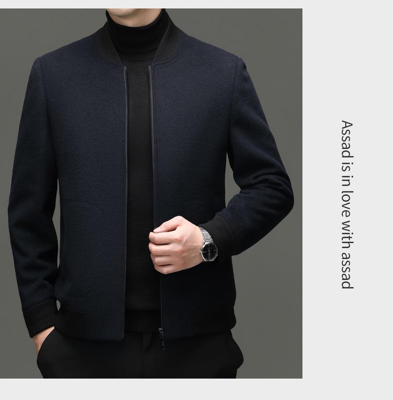 Men's Winter Wool Blend Stand Collar Short Jacket, Middle-Aged Casual Warm Thick Coat