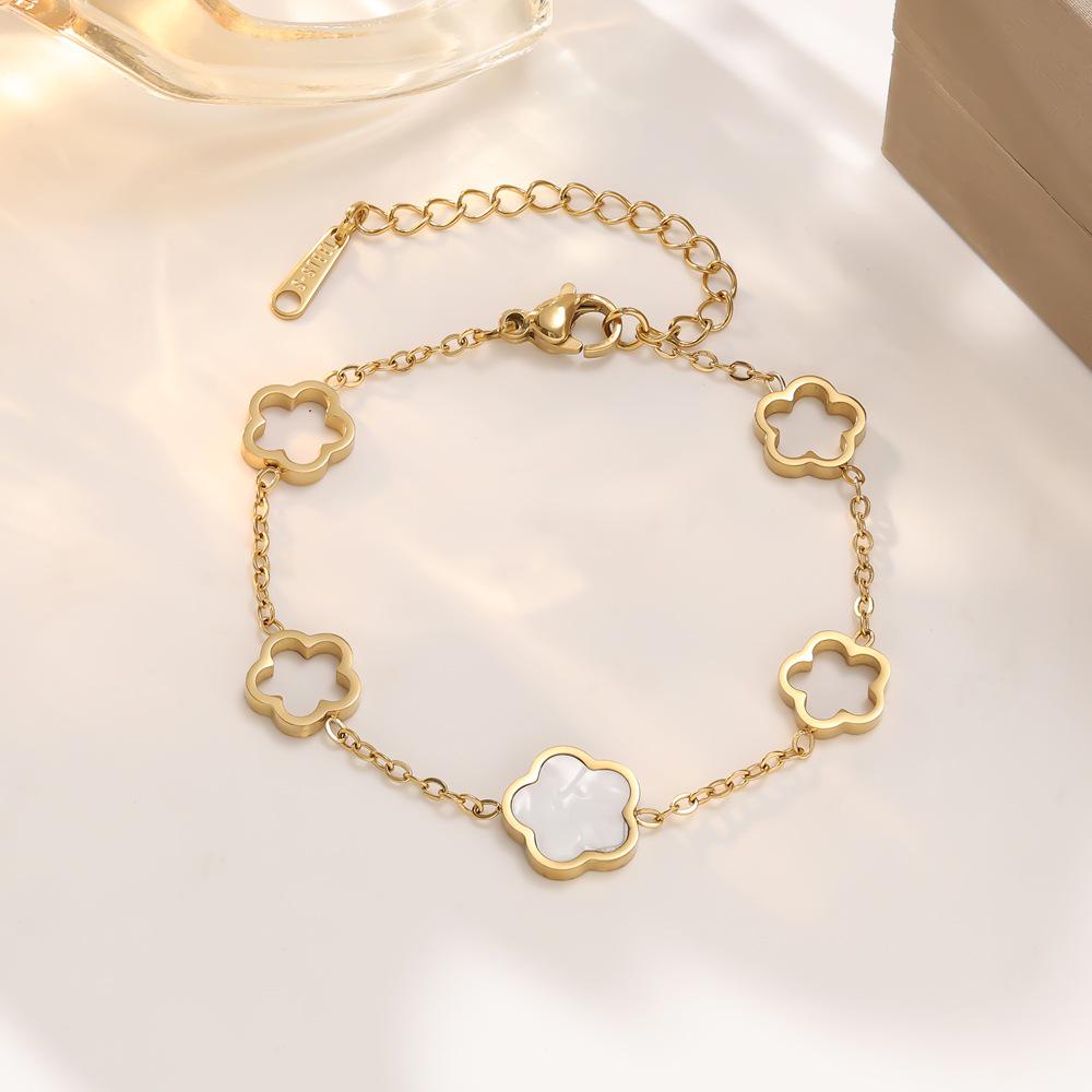 Chic Hollow Mother-of-Pearl Flower Titanium Bracelet: Elegant, Trendy Design for Women