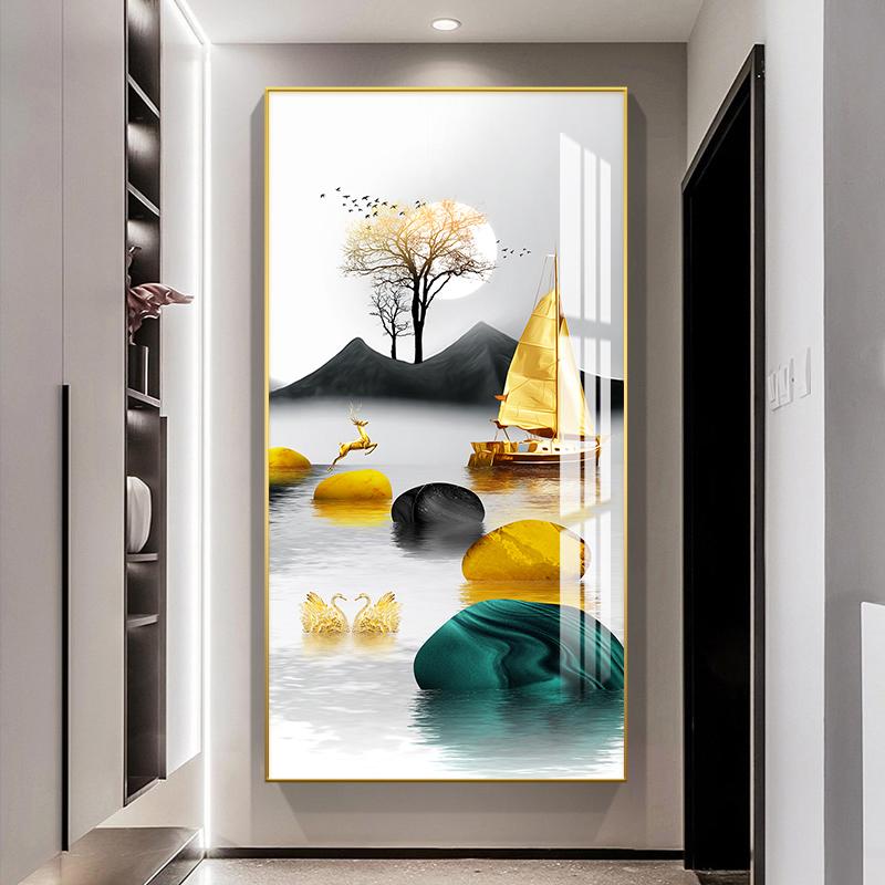 New Chinese Gold Ship Abstract Boat Canvas Painting Wall Art Zen Stone Rich Tree Posters and Prints for Living Room Decor Quadro