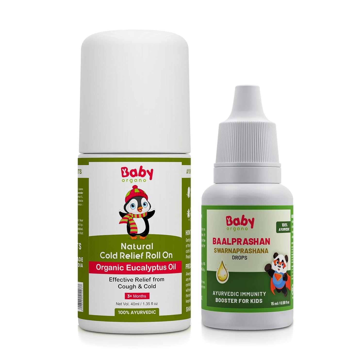 

BabyOrgano® 100% Ayurvedic Swarnaprashan Immunity Booster Drops & Cold Relief Roll On for Cold | Nose | Chest Conjestion Combo Pack