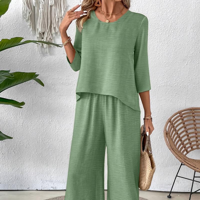 Elegant Vacation Solid Color Three-Quarter Sleeve Top and Wide-Leg Pants Set