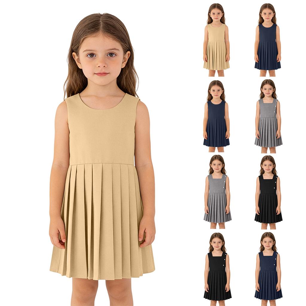 Girls' Pleated Jumper Dress - Preppy Sleeveless Frock