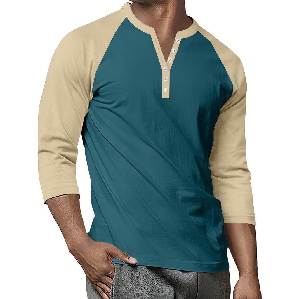 Men's Button-Down Contrast Raglan 3/4 Sleeve Top