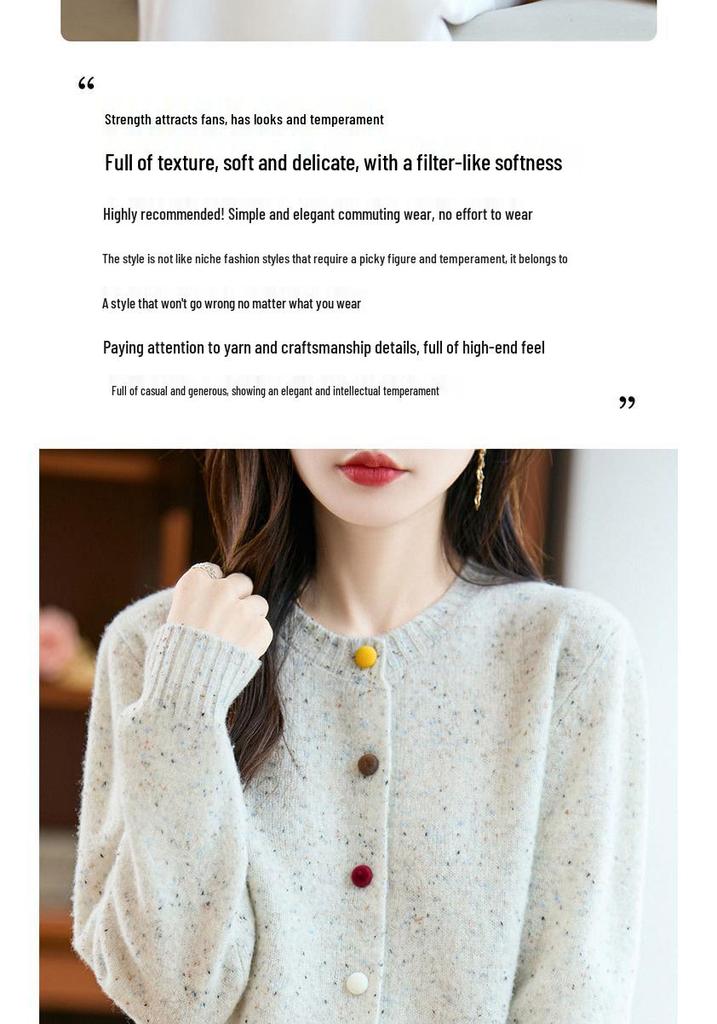 Women's 100% Wool Cardigan Sweater - Round Neck, Colorful Buttons, Loose Fit, Long Sleeve, Casual Autumn/Winter Fashion Outerwear