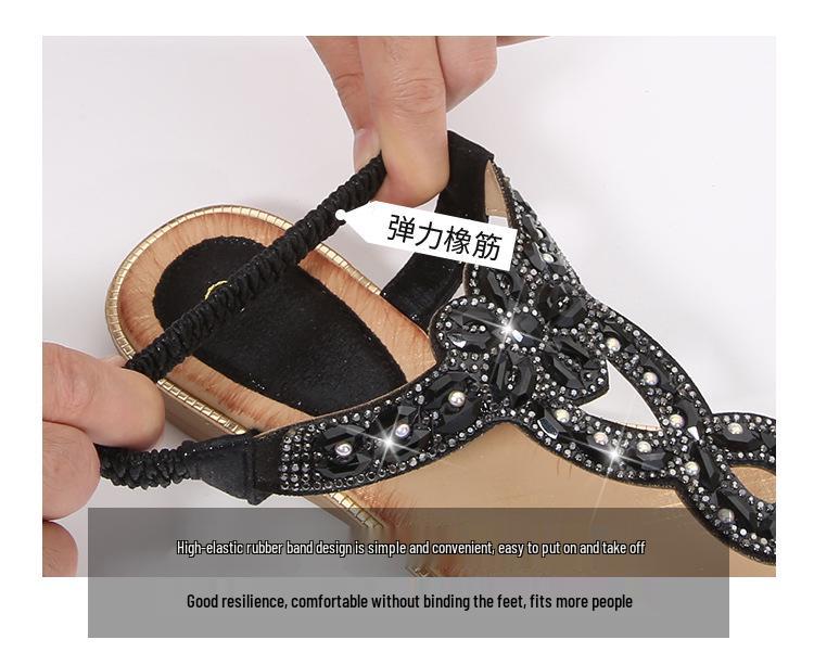 Women's 2025 Spring Rhinestone Bohemian Flat Sandals, Round Toe, Plus Size Available.