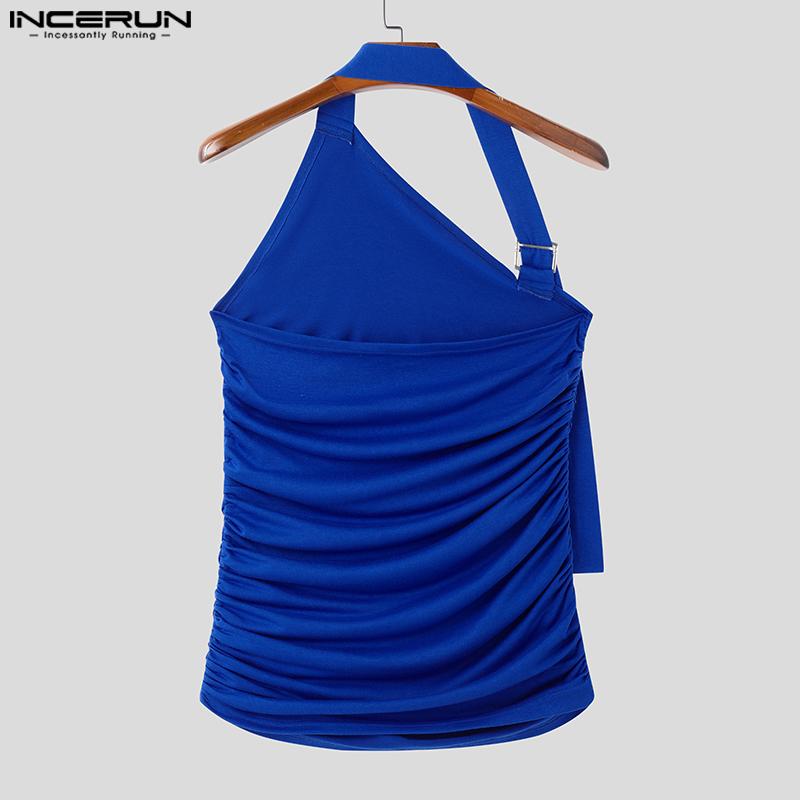 INCERUN Men Halter Irregular Neck Sleeveless Tops Solid Color Ruffled Tanks