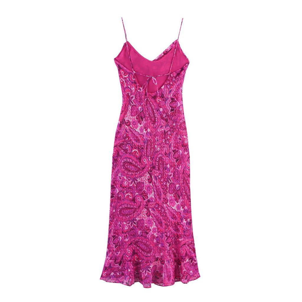 European & American Women's Summer 2025 Backless Patchwork Ruffle Hem Midi Dress with Spaghetti Straps