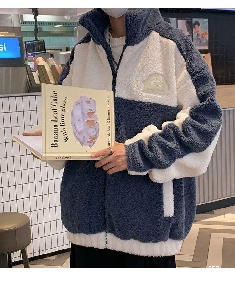 Men's Trendy Hooded Cotton Jacket - Lambswool, Plus Size, Autumn/Winter, Hong Kong Style, Loose Fit, Casual, Warm, Couple's Outerwear