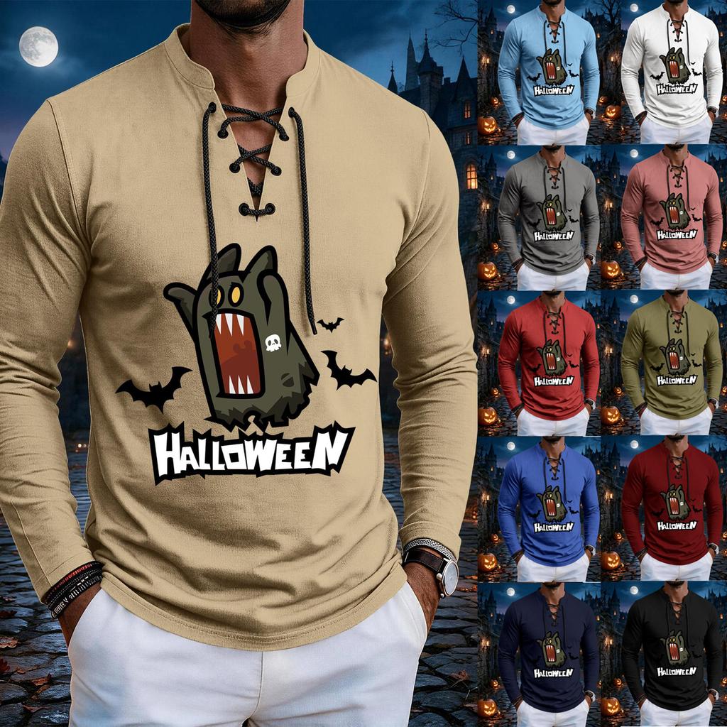 Men's Halloween print retro Henry collar lace-up long-sleeved T-shirt