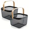 2 Pack Square Metal Mesh Fruit Basket, Portable Metal Picnic Baskets with Wood Handle, Mesh Storage Organizer Basket