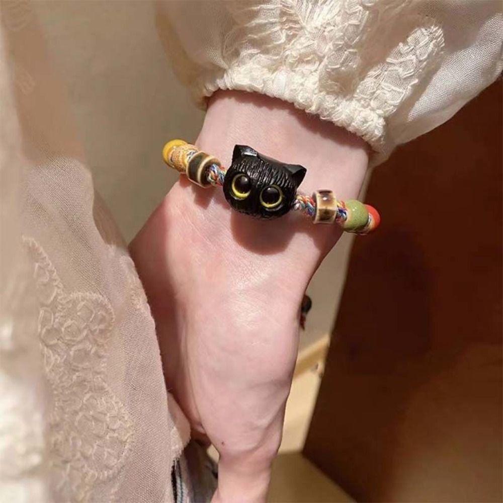 Ceramics Bead Handmade Bead Bracelet Skull Cat Cartoon Hand Ring Black Cat Bracelet  Decoration