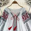 Retro Embroidered Shirt Top Female 2025 Spring Lace Up Tassel Loose Lantern Sleeves Ethnic Style Blouse Female