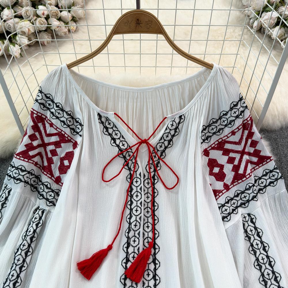 Retro Embroidered Shirt Top Female 2025 Spring Lace Up Tassel Loose Lantern Sleeves Ethnic Style Blouse Female