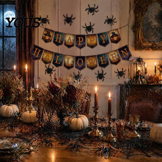 Realistic Haunted House Accents Happy Halloween Banner, Cloth Garland Horror Ghost Bat Spider Web Flags Scary Theme Party Props Honeycomb Ball