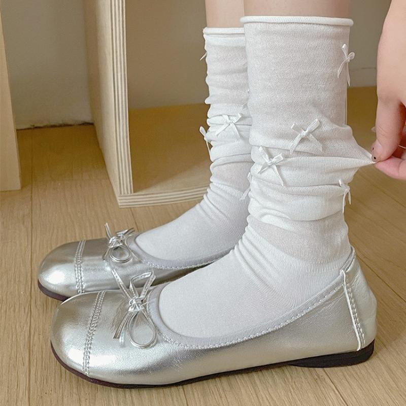 Vita vadstrumpor för damer, vår och sommar, balettstil, med rosett, mitt på vaden, med Mary Jane-strumpor