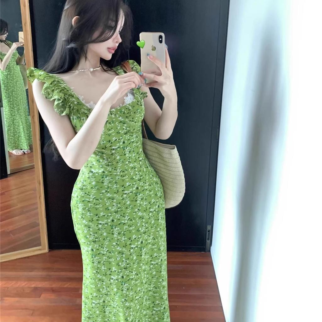 French Floral Temperament Waist Thin Dress Seaside Vacation Square Collar Chiffon Small Fresh Green Long Dress Children