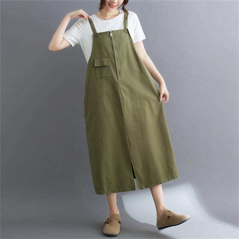 Johnature Rochie de vară japoneză coreeană retro lejeră ocazională cu bretele de culoare solidă toate se potrivesc cu buzunare simple rochii pentru femei