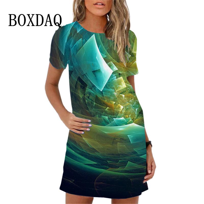 Colorful Feather Pattern Women Dress New Spring Summer Clothing Fashion Elegant Short Sleeve O-Neck Gradient Print Dresses