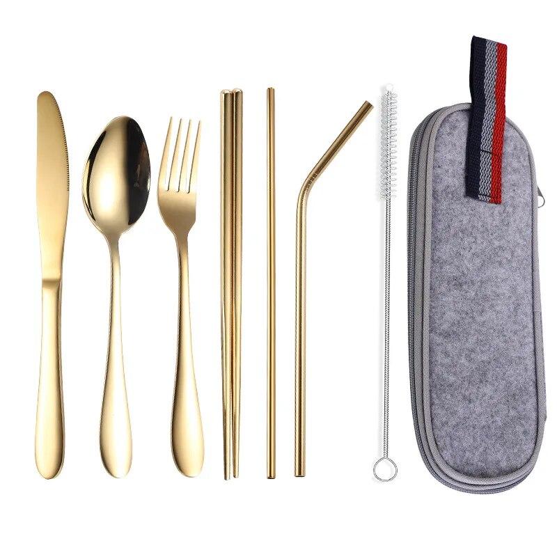 1set Silvery/Golden 304 Stainless Steel Straw Tableware Set Portable Knife Fork Chopsticks Straw and Brush