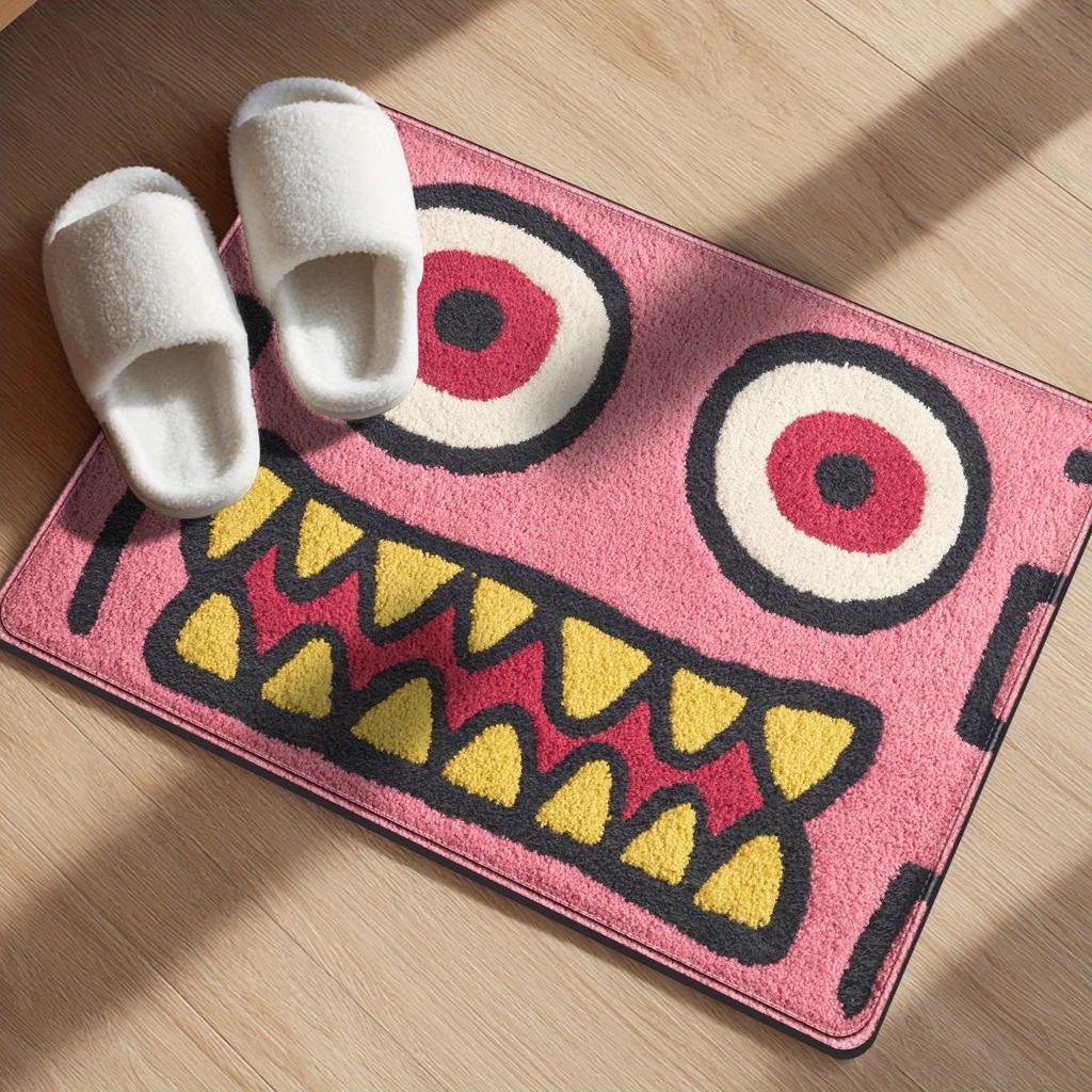 Pink & Black Cartoon Face Floor Mat – Soft Non-Slip Flannel Rug with Playful Expression for Bathroom, Kitchen & Home Decor