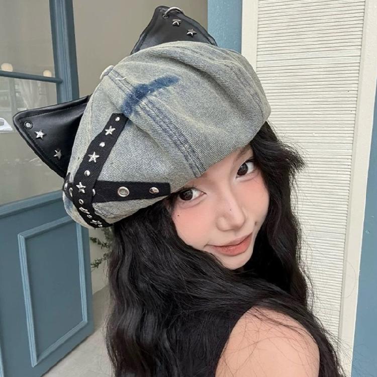 Aesthetic Studded Cats Ear Caps Cotton Adjustable Headwear Vintage Unisex Design For Cosplay Streetwear Outfit