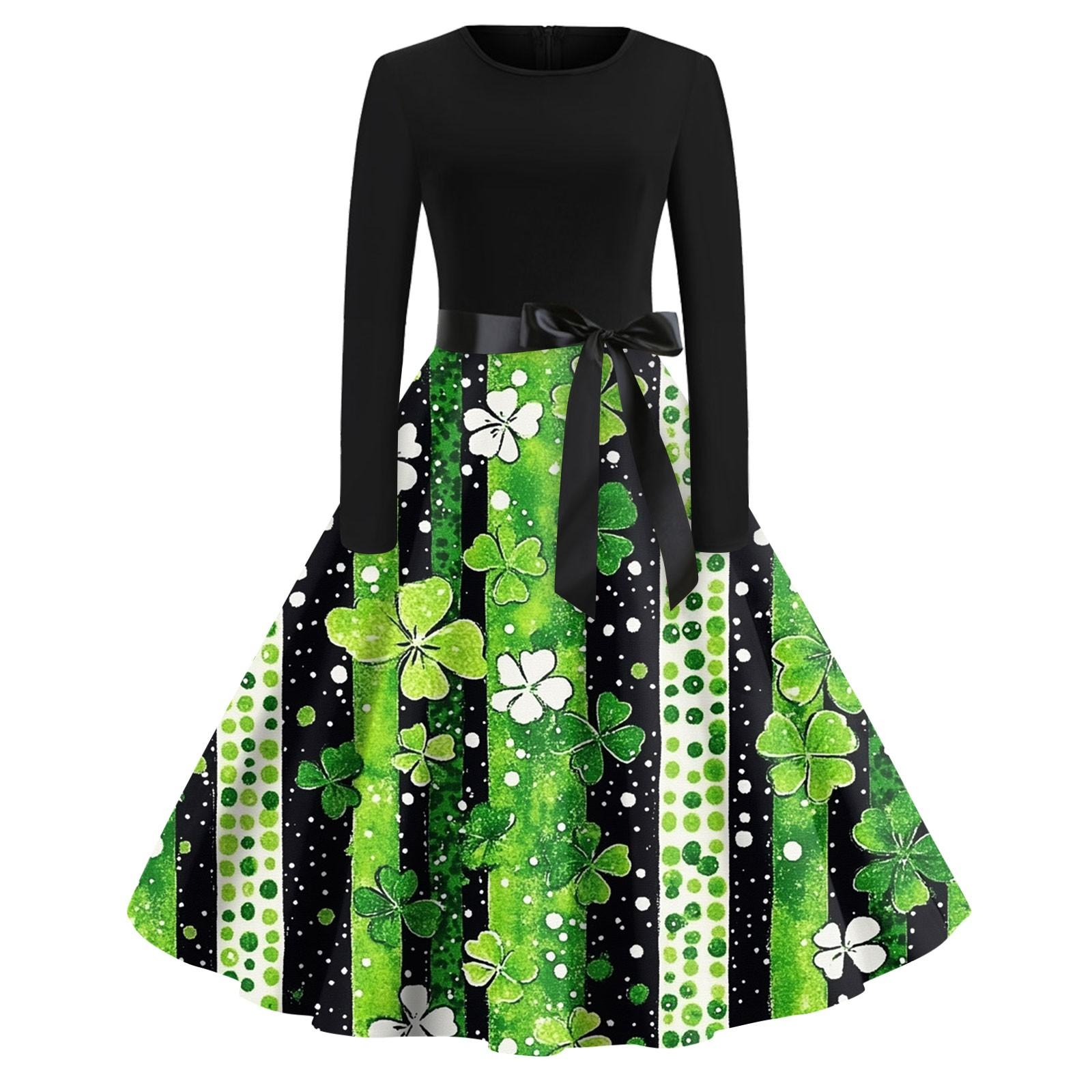 

Женские платья модные с круглым вырезом повседневные тонкие St. Платья с длинными рукавами и принтом ко Дню Святого Патрика XXXL чёрный