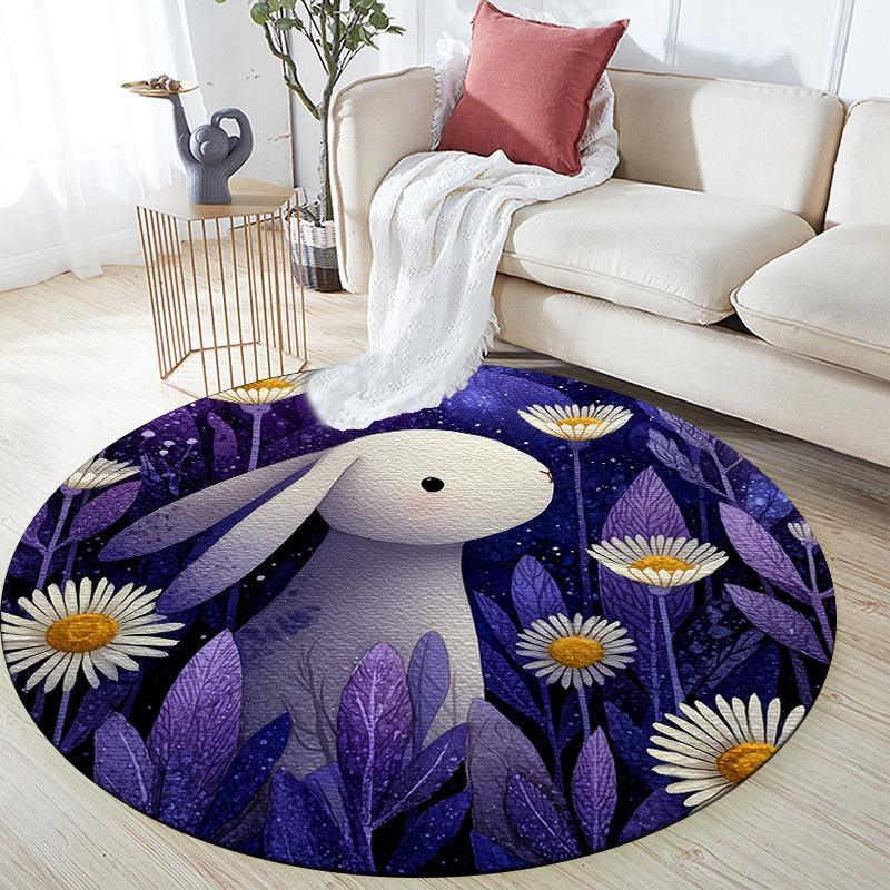 Flower Rabbit,Round Area Rug,Carpet Rug for Living Room Bedroom Sofa Playroom Decor,Non-slip Floor Mat