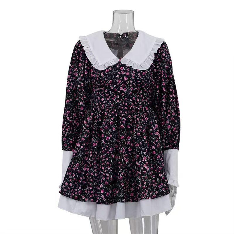 

New Doll Collar Print Elegant Lantern Sleeve Waist Hugging Dress Doll Collar Printed Dress Black S