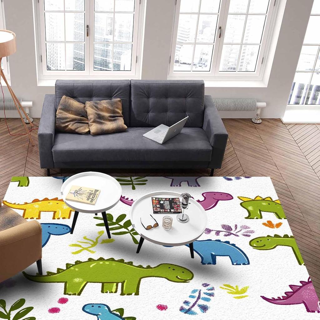 Cartoon Dinosaur Washable Area Rugs Simple Cute Non Slip Rugs for Living Room Bedroom, Low Pile Floor Mat Large Indoor Carpet