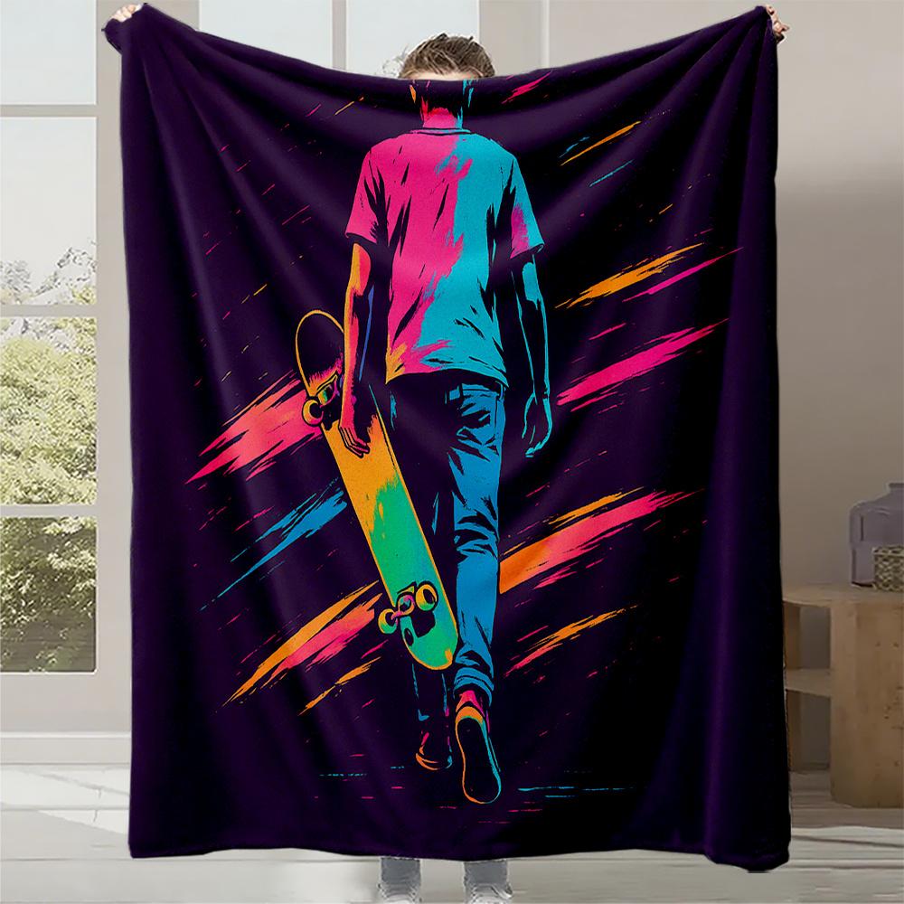 1pc Skateboard Teen Print Fleece Blanket - Heavy-Duty Quilted Plush Bedspread with Neon Skateboarder & Graffiti Design, All-Seas 130x150cm