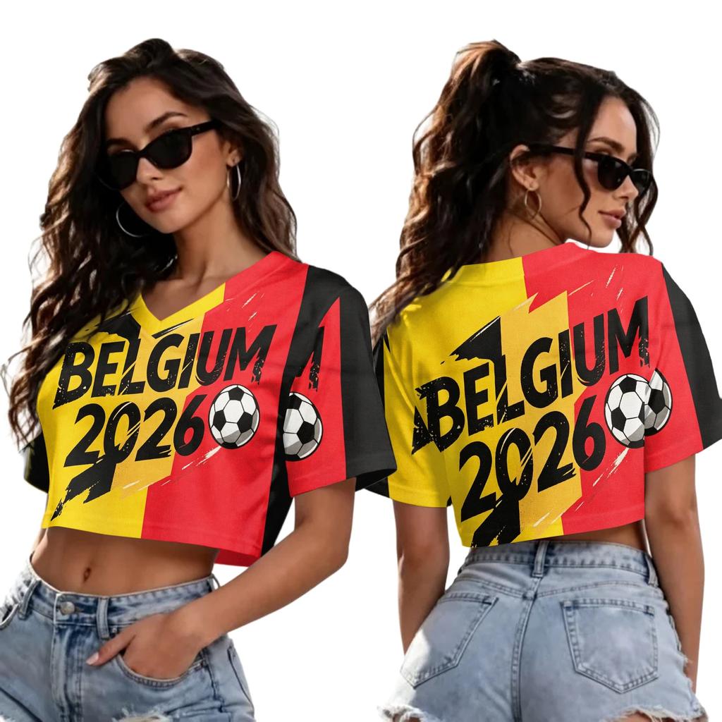 Women Casual Fashion Crop Top V Neck Short Sleeve T Shirt Soccer Flag Print Loose Fit Summer Tee