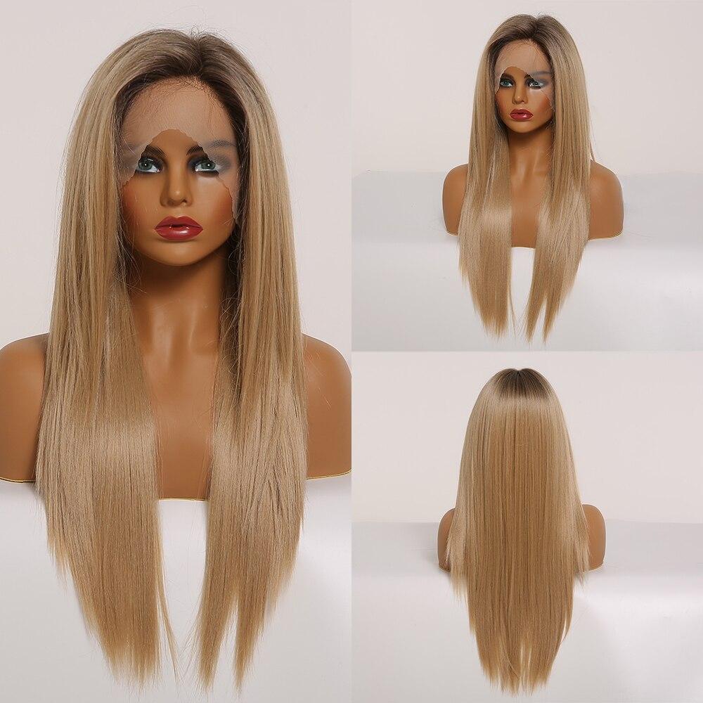EASIHAIR Blonde Mixed Brown Lace Front Wigs Long Straight Natural Wigs for Women Silk Lace Frontal Synthetic Wig Heat Resistant