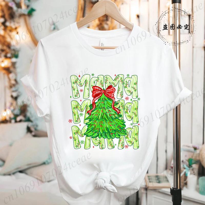 Women Fashion T Shirt Christmas Mama Print Funny Tops Womens Casual TShirt Christmas Holiday Xmas Party Tee Aesthetic Clothes