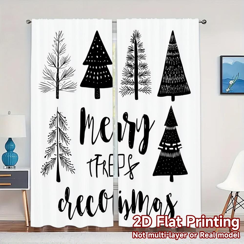 

Set Of 2 Flat Printing Jit Curtains Without Rod Festive Trees Chic Drapes Yarn Suitable Curtain Polyester W100*H70(CM)-Hooks&1PCS