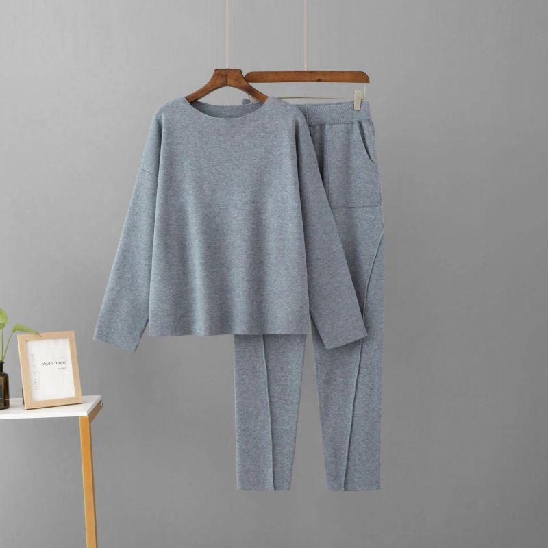 

Cross-Border European and American off-Shoulder Wool Suit Pants + Top Sweater Loose Knitting Suit Grey All yards