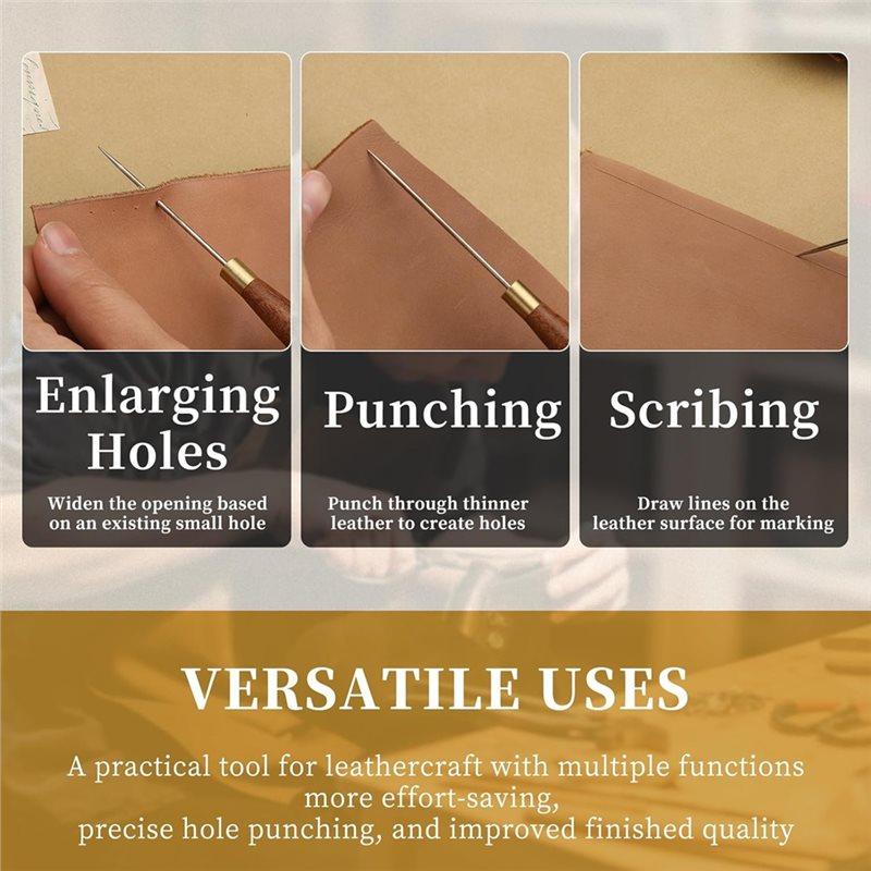 A84E-Leather Sewing Awl With Wooden Handle, 3 Sizes Scratch Awl Tool For DIY Craft, Leather Punching Stitching