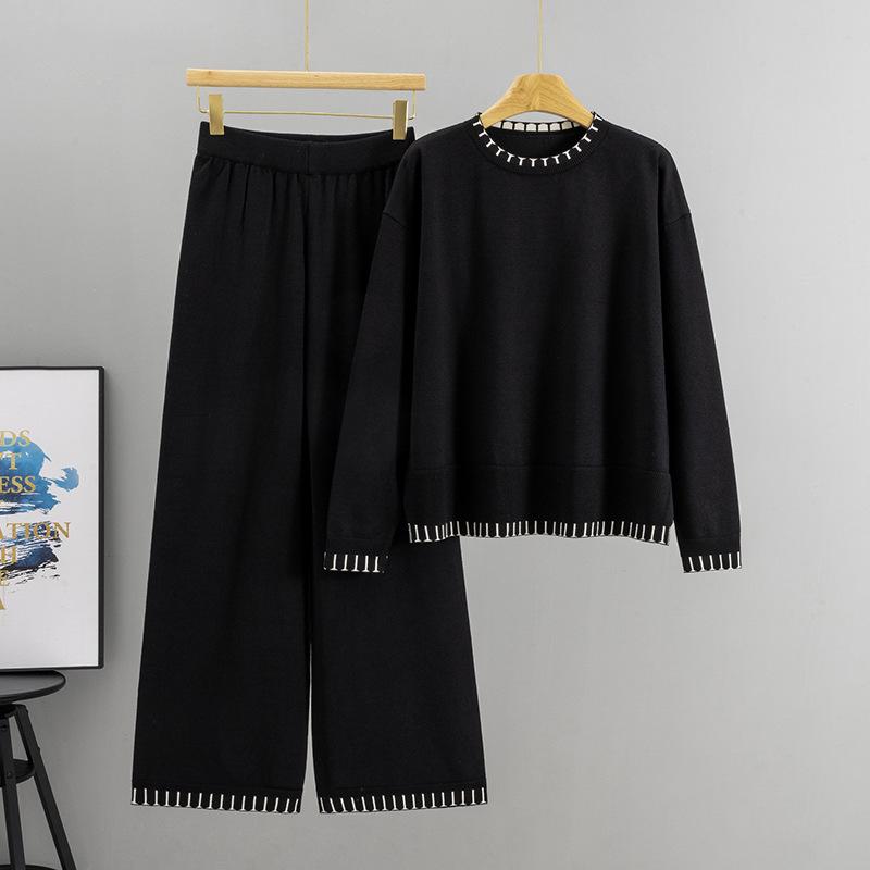

Women s Knitwear Set: Loose Long Sleeve Sweater & Wide-Leg Pants Two-Piece, Spring/Autumn. One Size чорний