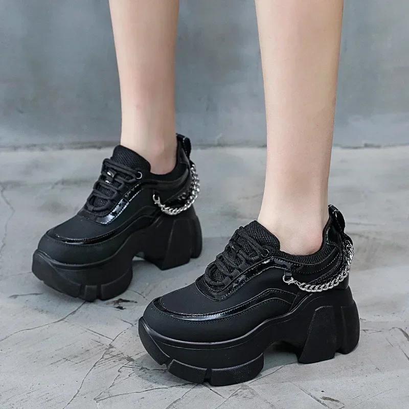 Fashion 10CM Genuine Leather Metal Decoration Ankle Boot Platform Wedge Women Casual Autumn Super High Hidden Heel Sneakers Shoes Winter
