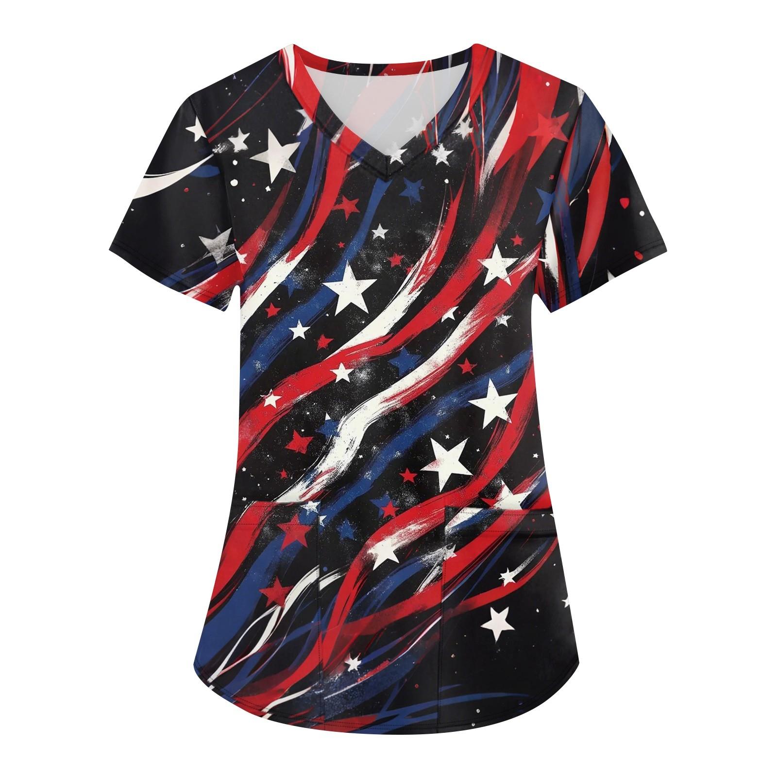 

Women s Fashion V-neck Short Sleeve Workwear With Pockets Independence Day Printed Tops L