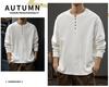 2025 Herren Weiß Baumwolle Henley-Kragen Hoodie Langarm T-Shirt, Amerikanischer Stil