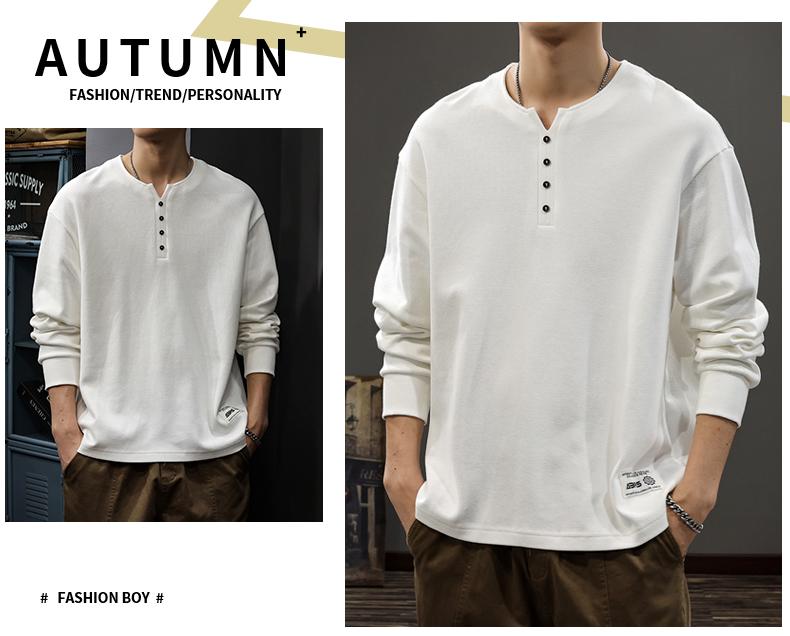 2025 Herren Weiß Baumwolle Henley-Kragen Hoodie Langarm T-Shirt, Amerikanischer Stil
