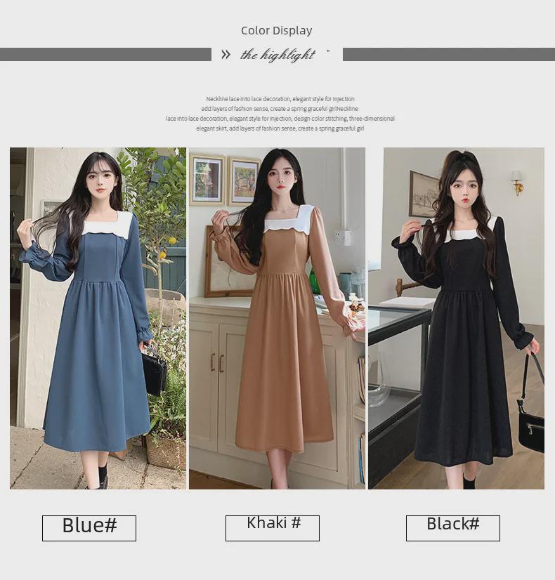 Women's 2024 Spring/Autumn French Style Square Collar Splicing Tea-Length Dress
