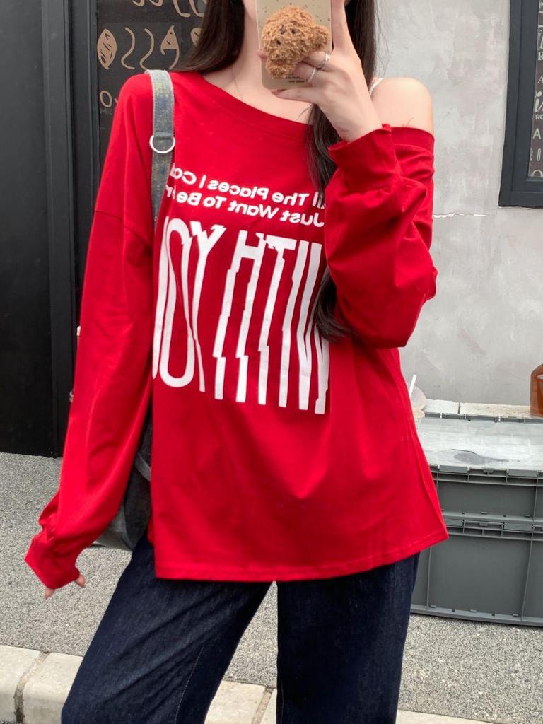 2025 Spring/Autumn Women's Off-Shoulder Oversize Sweatshirt, Reversible Design, Loose Fit, Slanted Shoulder Lazy Style Top