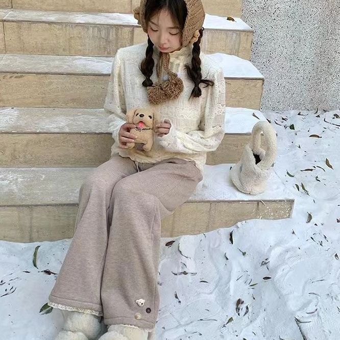 Women's Cotton Cute Straight Pants Fall and Winter High Waist Casual Trousers Street Drawstring Straight Pants