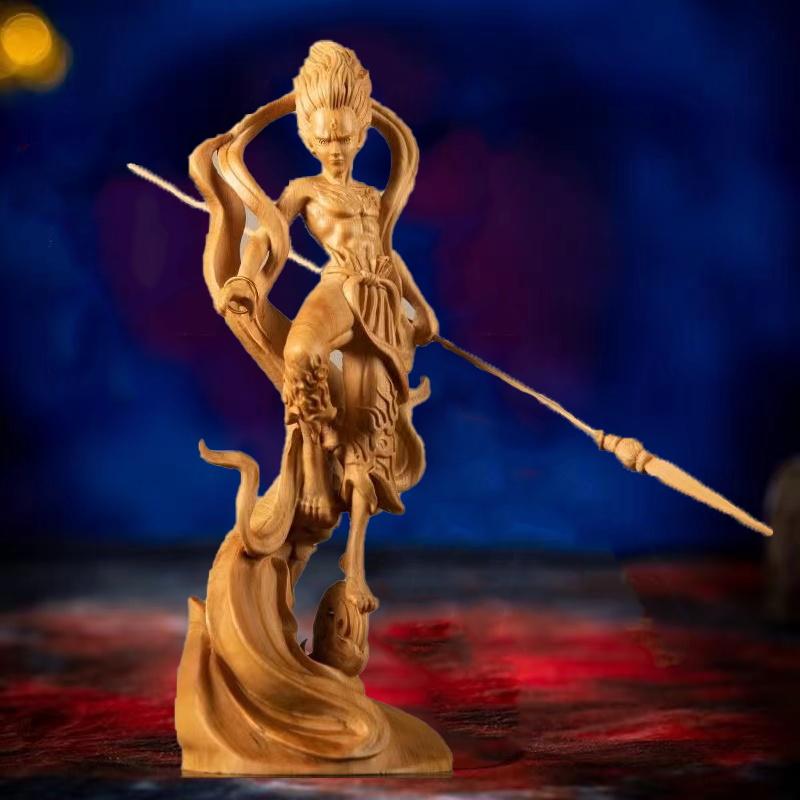Wood carving Nezha Prince Statue, Natural Solid Wood Chinese Mythology anime figures HomeRoom Office decoration and accessories