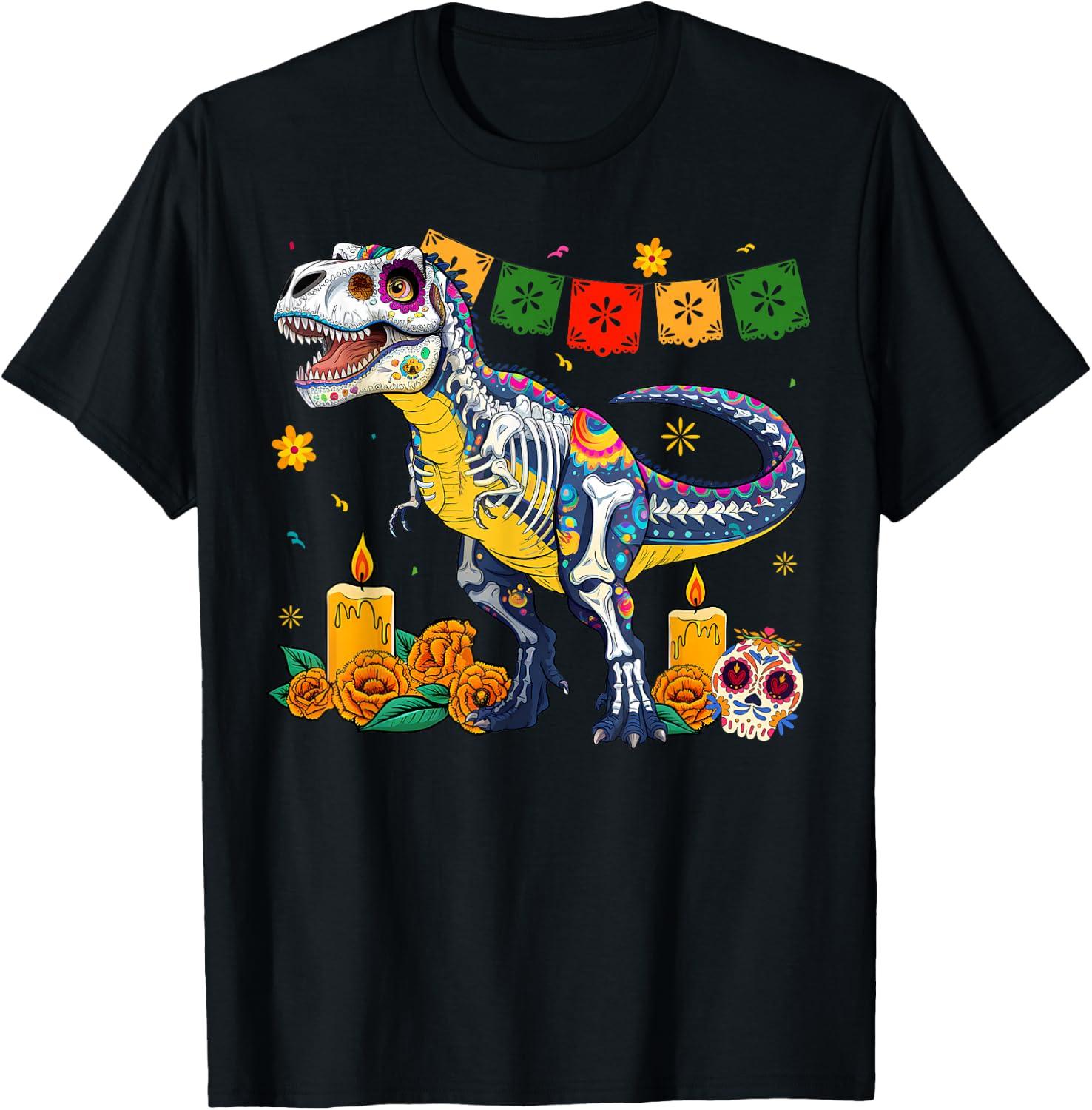 Sugar Skull T Rex Dino Mexico Calavera Dia De Los Muertos T-Shirt XXL