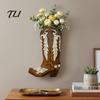 Wooden Floral Container for Dried Flowers Cowboy Boots Wall Planter Indoor Plants, Western Boot Flower Hanging Vase Vintage Mounted Faux Flower,