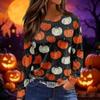 Women's Fashion Long Sleeve Top Halloween Print Round Neck Split Hem Casual Blouse Lightweight Comfortable Fit Seasonal Shirt